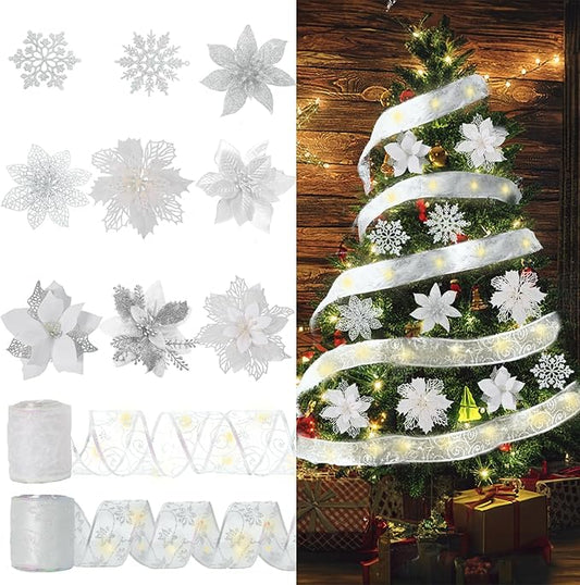 72 Pcs 9 Styles Christmas Glitter Poinsettia Flowers,Christmas White Glitter Artificial Poinsettia Flower Tree Ornaments for Xmas Wreaths Garland Floral Gift Winter Wedding Holiday Decoration(White)