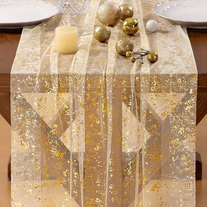Socomi Gold Table Runner Christmas Gauze Sheer Chiffon Cheesecloth Sequin 10FT Glitter Metallic Foil Dining Wedding Birthday Party Fall Winter Holiday Centerpiece Table Decor 3pcs Beige