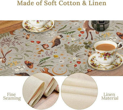Rustic Forest Table Runner, Retro Country Wild Animals Hare Squirrel Owl Snake Snail Flowers Mushroom Print Table Cover for Home Holiday Party Indoor Outdoor, 13x120inch