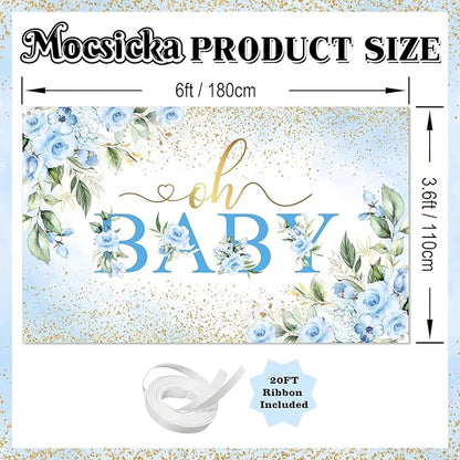 Mocsicka Oh Baby Backdrop Blue Floral Baby Shower Banner for Boys Party Decorations Photo Booth Props (Blue, 6x3.6ft)