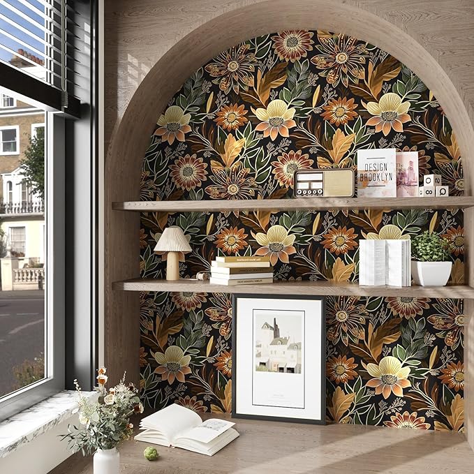 Boho Wallpaper Peel and Stick Dark Floral Wallpaper for Cabinet Vintage Contact Paper Waterproof Self Adhesive Removable Modern Wall Paper for Bedroom Stair Bathroom 17.5in x393in