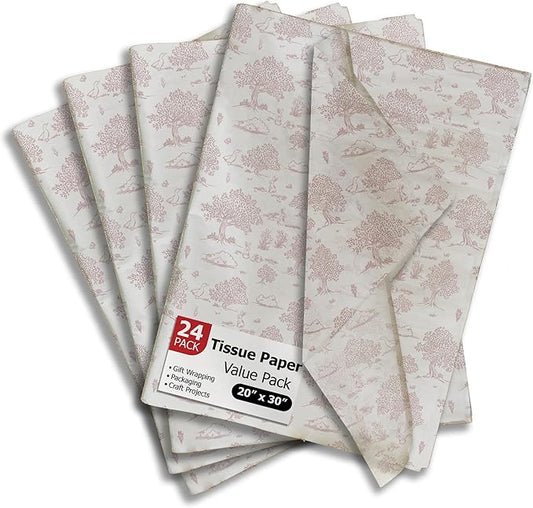 Pro Supply Global Pink Toile Printed Tissue Paper for Valentine's Day Gift Bags or Boxes and Wrapping - Bulk Decorative Art Tissue Paper for Packaging and Gifting | 24 Sheets 20" x 30"