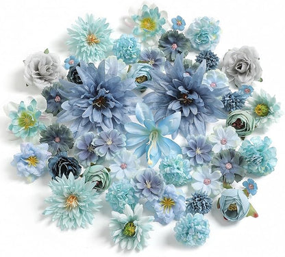 Artificial Flowers Heads Combo Blue Flowers Mix Silk Flowers Heads Bulk Faux Rose for Craft Garland Graduation Cap Wedding Bridal Baby Shower Home Party Decoration DIY Cake Decor