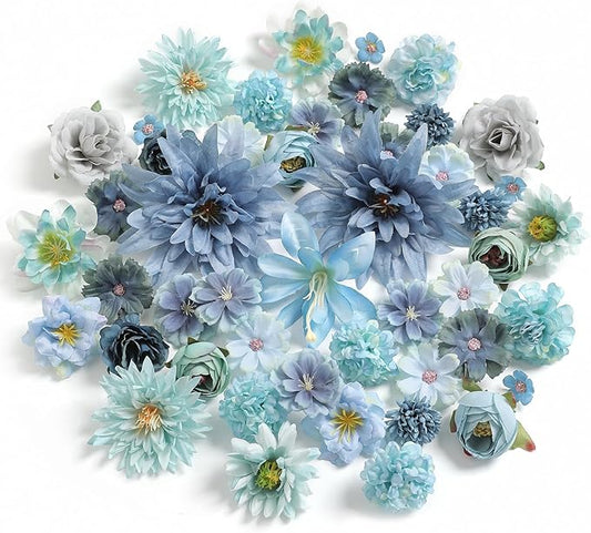 Artificial Flowers Heads Combo Blue Flowers Mix Silk Flowers Heads Bulk Faux Rose for Craft Garland Graduation Cap Wedding Bridal Baby Shower Home Party Decoration DIY Cake Decor