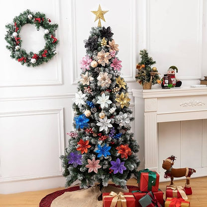 24Pcs Purple Glitter Poinsettia Christmas Tree Ornaments and Glitter Berries Stems, 16Pcs Christmas Artificial Flowers and 8 Pack Christmas Tree Picks for Wedding Xmas Holiday Decorations