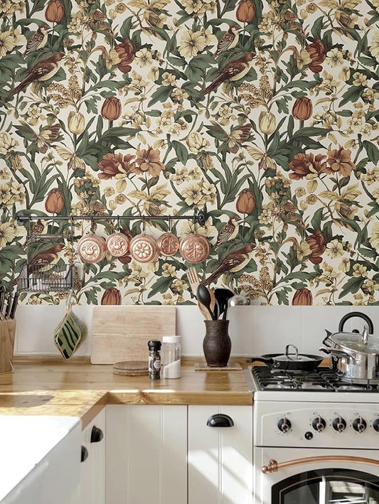 Erfoni 17.3" x197" Beige Retro Floral and Bird Contact Paper Vintage Peel and Stick Wallpaper for Bedroom DIY Self Adhesive Wall Paper Boho Floral Leaf Removable Wallpaper for Accent Wall Covering