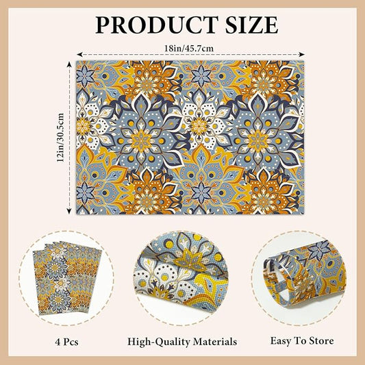 Cotton Linen Waterproof Placemats Set of 4, Blue Teal Flowers Bohemian Dining Mat Table Mats Decor Fabric for Kitchen Dinner Coffee Shop Table, Indoor/Outdoor Washable Wipeable Placemat -N018