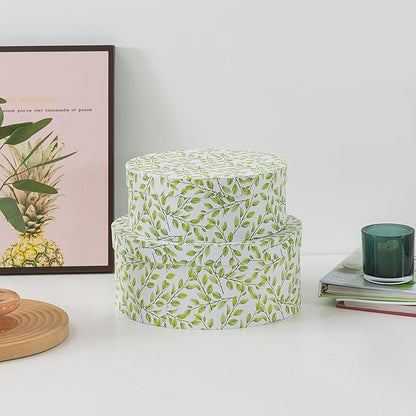 Soul & Lane Oblong Decorative Cardboard Storage Boxes with Lids, Set of 2 Botanical Green and White Keepsake Memory Boxes, Oval Nesting Paperboard Storage for Gifts, Lovely Leaves