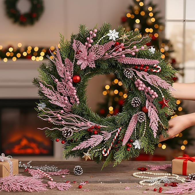 30 Pcs Artificial Christmas Tree Picks and Sprays Glitter Berry Stem Branches Holly Floral Picks Twigs Christmas Tree Ornaments for DIY Xmas Wreath Vase Filler Decorations(Pink)