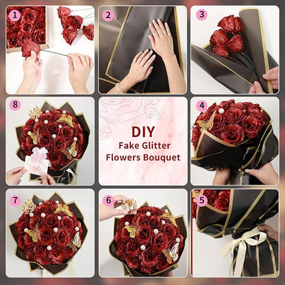 Glitter Roses Bouquet, Shiny Artificial Roses Flowers with Stems DIY Fake Glitter Flowers Bouquet for Valentine's Day, Anniversary, Graduation, Birthday, 36 Roses (Red)