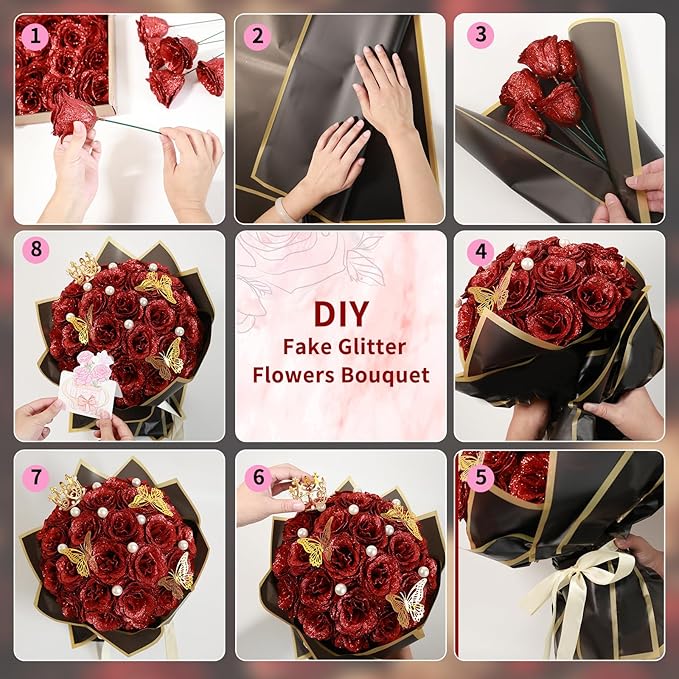 Glitter Roses Bouquet, Shiny Artificial Roses Flowers with Stems DIY Fake Glitter Flowers Bouquet for Anniversary Graduation Birthday Wedding, 24 Roses (Red)