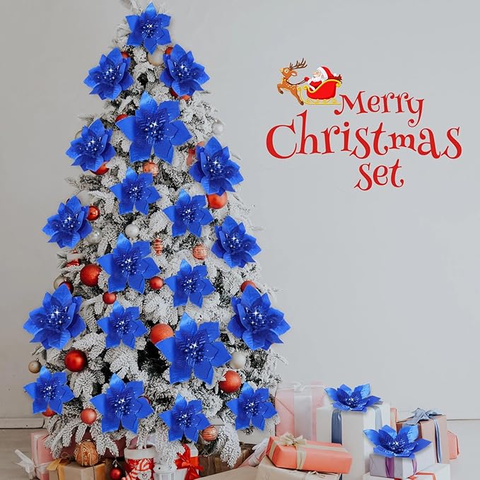 WILLBOND 24 Pcs 3 Size Poinsettia Flower Artificial Christmas Decor Glitter Poinsettia Christmas Ornaments Faux Flowers for Xmas Tree Outdoor(4/6/7.9 Inches,Royal Blue)
