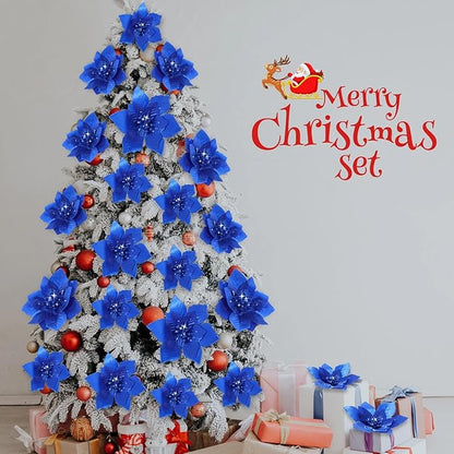 WILLBOND 24 Pcs 3 Size Poinsettia Flower Artificial Christmas Decor Glitter Poinsettia Christmas Ornaments Faux Flowers for Xmas Tree Outdoor(4/6/7.9 Inches,Royal Blue)