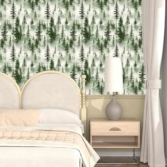 Foggy Forest Wallpaper Peel and Stick,Green Pine Trees Contact Paper,Misty Woodland Landscape Wall Paper Mural Self Adhesive Waterproof Removable for Bathroom Shelves Cabinet Drawer Table 17.5" x 118"