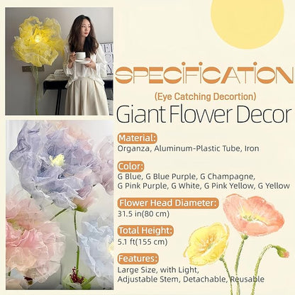 Giant Flowers for Decoration, 5 ft Large Organza Floral with LED Light, for Wedding Arrangements, Birthday Christmas Party Backdrop Decor, Photography Props, Shop Display, Pink Purple