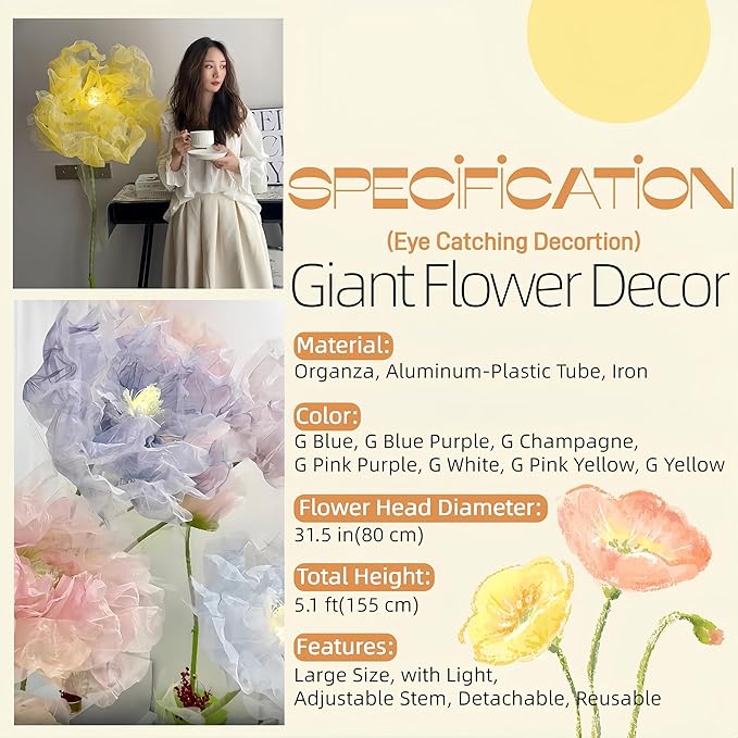 Giant Flowers for Decoration, 5 ft Large Organza Floral with LED Light, for Wedding Arrangements, Birthday Christmas Party Backdrop Decor, Photography Props, Shop Display, Yellow Pink