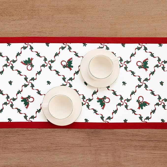 Solino Home 100% Pure Linen Christmas Table Runner 108 Inches Long - Red and Green Table Runner 14 x 108 Inch - Handcrafted and Machine Washable - Holly Ribbon Print