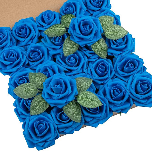 DuHouse 25Pcs Artificial Roses Flowers Fake Roses with Stems Real Touch Foam Flowers for DIY Wedding Bouquet Baby Shower Centerpiece Floral Arrangement Party Home Decor(Royal Blue)