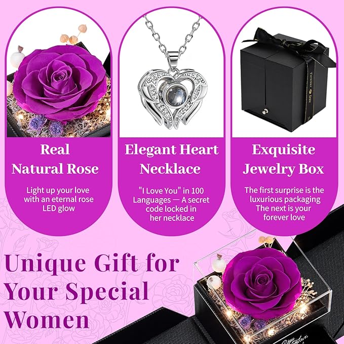 FIACO Gifts for Women Preserved Real Roses with I Love You Necklace Fresh Forever Flowers Birthday Gifts for Mom Grandma Wife Girlfriend on Anniversary Christmas Valentines Romantic Gift