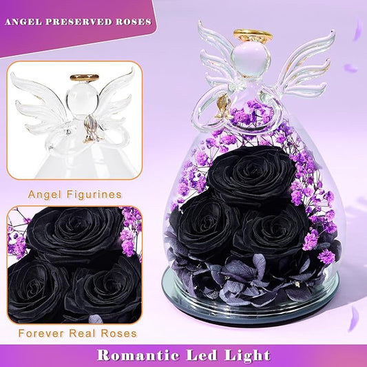 Beferr Christmas Birthday Gifts for Women, Mom Gifts for Christmas Fresh Flowers for Delivery Prime Forever Preserved Rose in Glass Angel, Xmas Gifts for Grandma Wife Sister Her, Black & Purple