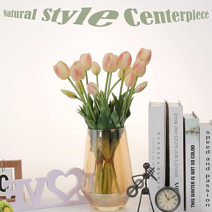 20pcs Artificial Tulip Flowers,16 Inch Real Touch Tulip Stems with Faux Leaves, Faux Tulips and Buds for Home Décor Centerpiece Ornament Wedding Bouquet,Champagne