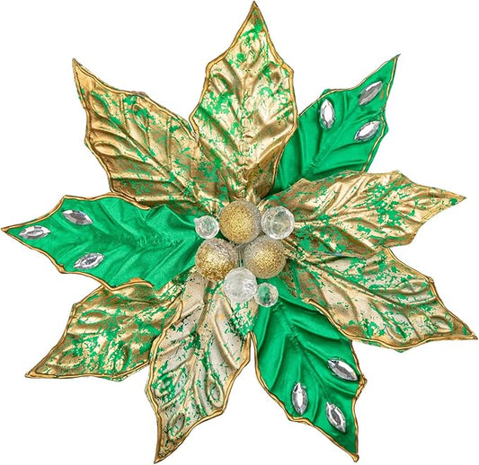 Hollyone 3PCS Poinsettia Christmas Flowers Artificial 11" Large Green and Gold Glitter Poinsettia Flowers Christmas Tree Ornament Floral Picks for Tree Wreath Garland Vase Table Centerpiece Home Decor