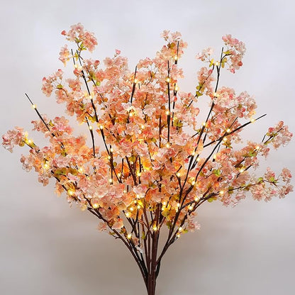 Sunm Boutique 3 PCS Silk Cherry Blossom Branches - Lighted Brown Twig Branches, Artificial White Flower Stems, 39'' Faux Tree for Wedding Home Decor