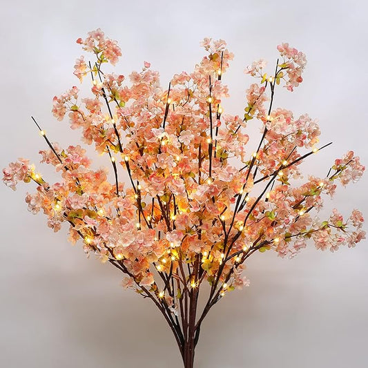 Sunm Boutique 3 PCS Silk Cherry Blossom Branches - Lighted Brown Twig Branches, Artificial White Flower Stems, 39'' Faux Tree for Wedding Home Decor