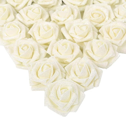 IPOPU Foam Roses, 25pcs Foam Glitter Roses Glitter Foam Rose Foam Rose with Stem for DIY Wedding Bridal Bouquet Home Party Decoration(Ivory)