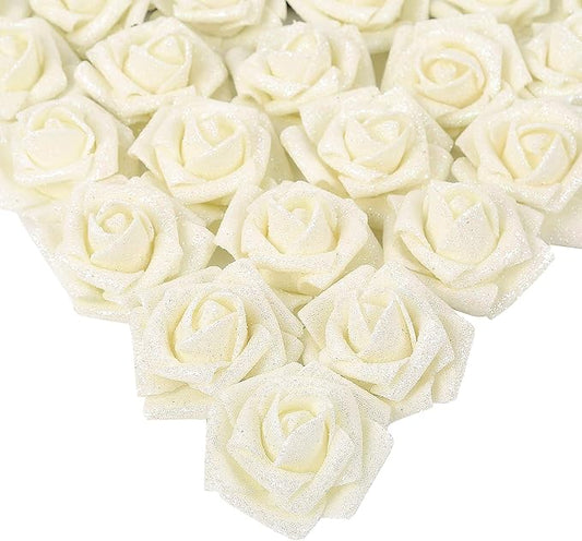 IPOPU Foam Roses, 25pcs Foam Glitter Roses Glitter Foam Rose Foam Rose with Stem for DIY Wedding Bridal Bouquet Home Party Decoration(Ivory)