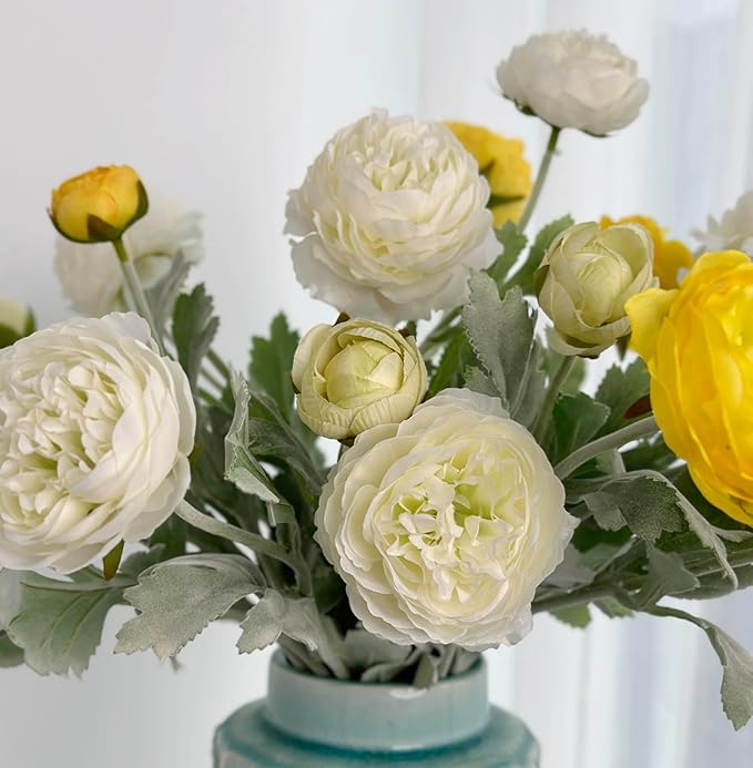 7 pcs White and Yellow Peony Artificial Flowers with Stems for Vase, Fake Peonies Silk Flowers Arrangement for Home Office Farmhouse Indoor, Kitchen Dining Table Centerpiece Decorations