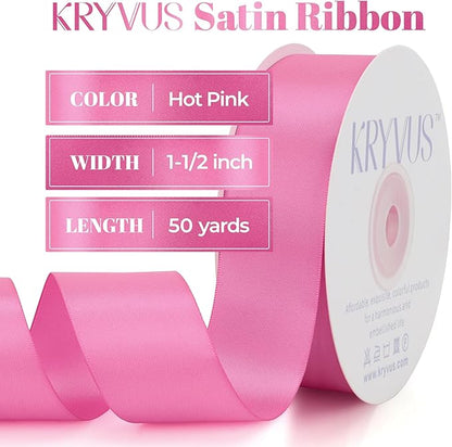 Double Faced Hot Pink Satin Ribbon, 1-1/2 Inch X 50 Yards Polyester Ribbon for Gift Package Wrapping, Crafts, Bow Making, Sewing, Flower Bouquet, Wedding Party Decor