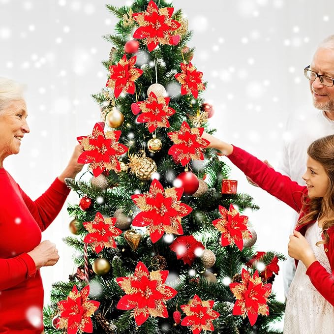 36 Pcs Christmas Glitter Artificial Poinsettia Flowers Xmas Poinsettia Artificial Wedding Flowers Decorations Xmas Tree Ornaments with Clips for Party, 6 Inch, 4 Inch, 3 Inch(Red and Gold)
