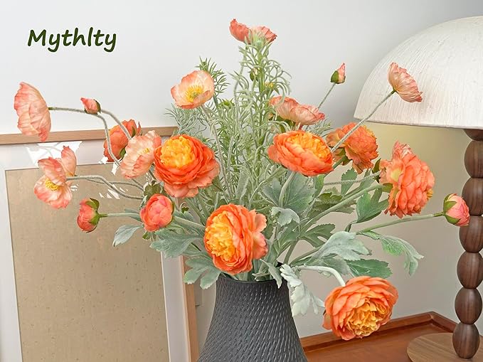 Set of 6 Poppies Flowers Artificial Silk Flowers with Long Stems Faux Wildflowers Bouquet for Vases Oil Pastel Style for Wedding Party Indoor Home Office Decor (Gradient Coral)