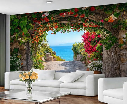 Mediterranean Arch Seaside Wall Mural, Flower Tunnel Ocean View 3D Wall Murals, Greek Island Style Wallpaper Mural, for Living Room Bedroom Large Wallpaper Indoor Decor 197" W x124.8 H