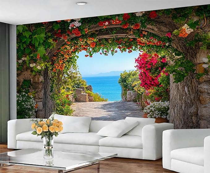 Mediterranean Arch Seaside Wall Mural, Flower Tunnel Ocean View 3D Wall Murals, Greek Island Style Wallpaper Mural, for Living Room Bedroom Large Wallpaper Indoor Decor 177.16" W x120 H