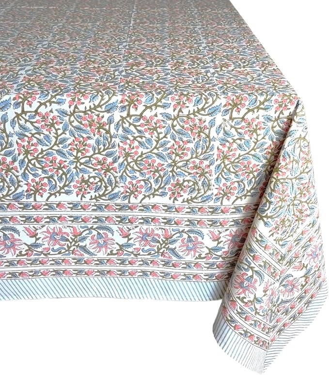 ATOSII Kalina 100% Cotton Rectangle Tablecloth, Handblock Floral Linen Table Cloth for Kitchen Dining Table I Parties Wedding Outdoors I Home Decor 60 X 108 Inches