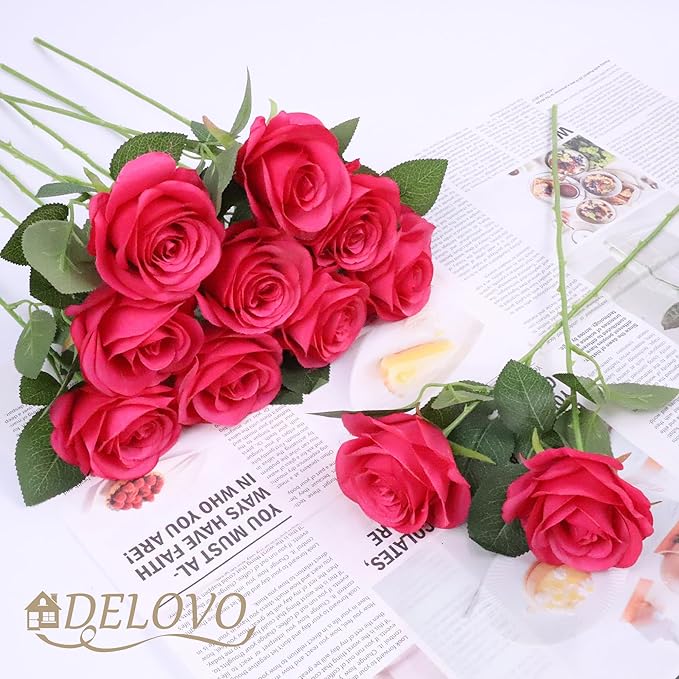 52pcs Hot Pink Roses Artificial Flowers Fake Flowers Silk Roses with Stems for DIY Wedding Bouquets Bridal Shower Centerpieces Arrangements Party Decorations