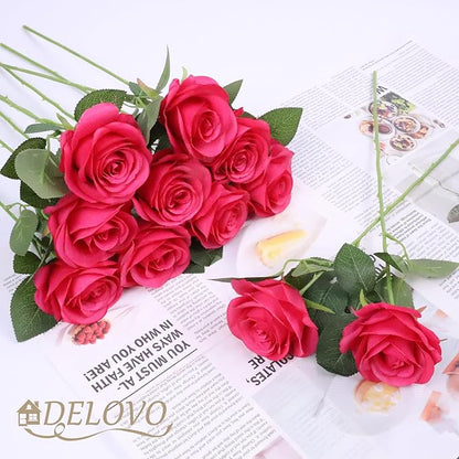 52pcs Hot Pink Roses Artificial Flowers Fake Flowers Silk Roses with Stems for DIY Wedding Bouquets Bridal Shower Centerpieces Arrangements Party Decorations