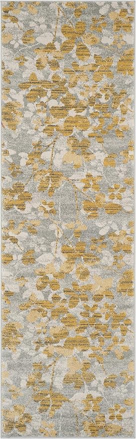 SAFAVIEH Evoke Collection 2'2" x 9' Grey / Gold EVK236P Floral Non-Shedding Living Room Entryway Foyer Hallway Bedroom Runner Rug