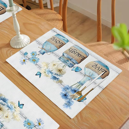 Daisy Flower Placemats Set of 6 Farmhouse Blue White Daisy Floral Table Mats Washable Place mats for Home Party Indoor Kitchen Dining Table Decoration 12x18 Inch