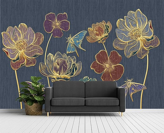 Embossed Golden Flower 3D Wall Mural Wallpaper for Bedroom 178" x 117"
