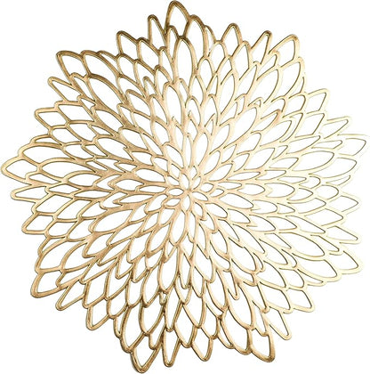 Snowkingdom Pack of 18 Gold Metallic Round Placemats Bulk Pressed Vinyl Leaf Dinning Kitchen Table Mats Decorations Setting for Christmas Wedding Thanksgiving Party Event Holiday Autumn Harvest
