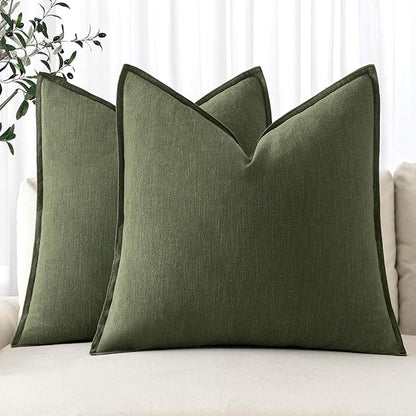 MIULEE Decorative Linen Euro Sham Pillow Covers 22x22 Inch Dark Olive Green Boho Farmhouse Neutral Christmas Couch Throw Pillows for Bed Pack of 2 Accent Modern Pillowcase Sofa Livingroom Home Decor