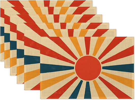 Abstract Sun Placemats Set of 6,Boho Geometric Washable Kitchen Dining Linen Table Mats for Home Party Dinner Indoor Outdoor 12x18Inch