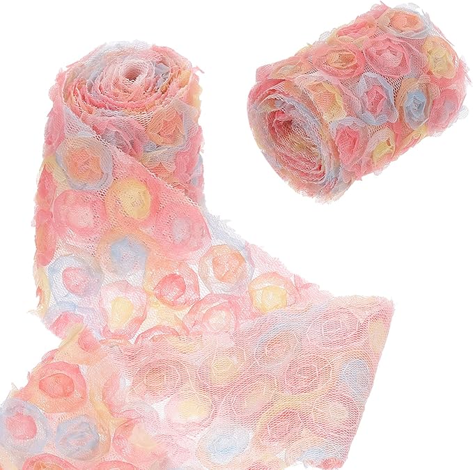 uxcell 2PCS Lace Trim Ribbon, 2.36 inch - 1 Yard 3D Rose Floral Embroidery Ribbons Edge Trimming for Sewing, Wedding Dress, DIY Crafts, Decoration Accessories, Pink Yellow