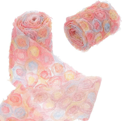 uxcell 2PCS Lace Trim Ribbon, 2.36 inch - 1 Yard 3D Rose Floral Embroidery Ribbons Edge Trimming for Sewing, Wedding Dress, DIY Crafts, Decoration Accessories, Pink Yellow