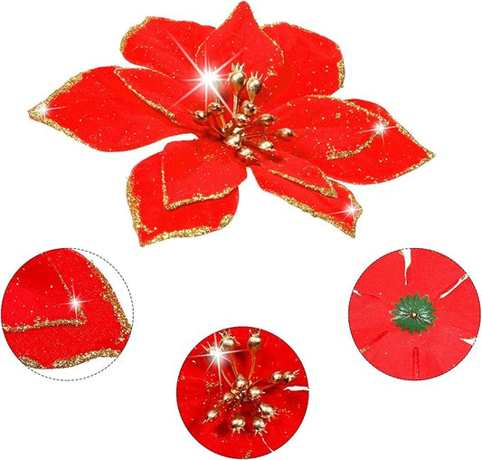 WILLBOND 24 Pcs 3 Size Poinsettia Flower Artificial Christmas Decor Glitter Poinsettia Christmas Ornaments Faux Flowers for Xmas Tree Outdoor(3.2/4/6 Inches,Red)