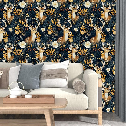 Deer Wallpaper Peel and Stick Vintage Blue Gold Floral Wallpaper Contact Paper 17.5" × 118" Waterproof Vinyl Self Adhesive Dark Wall Paper for Bedroom Walls Cabinet Locker Decor