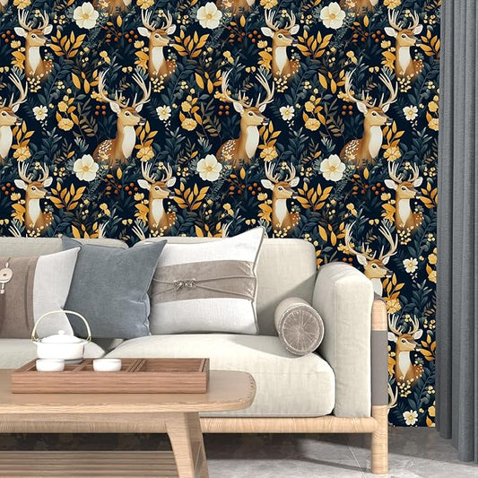 Deer Wallpaper Peel and Stick Vintage Blue Gold Floral Wallpaper Contact Paper 17.5" × 118" Waterproof Vinyl Self Adhesive Dark Wall Paper for Bedroom Walls Cabinet Locker Decor